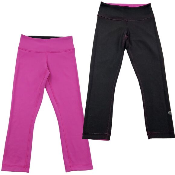Lululemon Reversible Wunder Under Crop Leggings Womens 2 Black Pink Gym Yoga - Picture 1 of 12